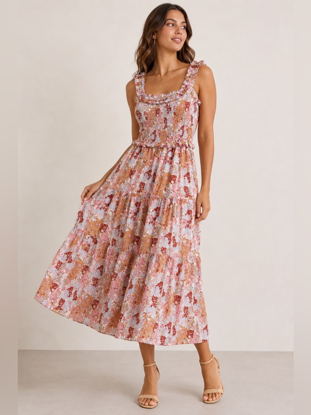 ASTR The Label NWT Rust Blue Floral Smocked Tiered Midi Dress Medium